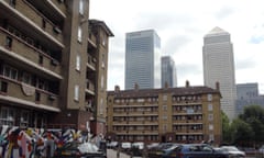 A Peabody housing estate in east London, with Canary Wharf in the background.