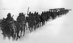 Japanese Cavalry In Manchuria<br>Japanese cavalrymen of the first Brigade bundle up against the bitter cold of northern Manchuria as they advance against the Chinese insurgents, Manchuria, China, circa 1935. (Photo by Underwood Archives/Getty Images)