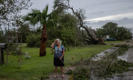 Woman puts hand on head in front of damaged tree