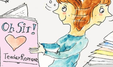 Ros Asquith Lines cartoon –  teacher torn between marking and reading 'Teacher Romance' novel
