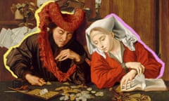 Composite of a 16th-century painting of a couple counting money