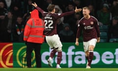 Stephen Kingsley celebrates after scoring the second goal for Hearts against Celtic.