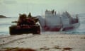 Landing Maneuvers During Joint Service Exercise<br>An M-60 main battle tank rolls onto the beach from a utility landing craft (LCU-1660) assigned to Assault Craft Unit Two. This operation is part of the joint service Exercise Ocean Venture '84. | Location: Vieques Island, Puerto Rico. (Photo by © CORBIS/Corbis via Getty Images)