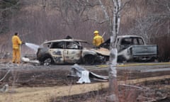 Shooting Rampage Leaves At Least 16 Dead In Nova Scotia<br>WENTWORTH CENTRE, NS - APRIL 20: A Wentworth volunteer firefighter douses hotspots near destroyed vehicles linked to Sunday’s deadly shooting rampage on April 20, 2020 in Wentworth Centre, Nova Scotia, Canada. Two residents of the home as well as a neighbor were killed by a lone gunman during Canada’s worst mass killing. Seventeen people including the gunman died during the rampage, which was scattered through several rural communities in the Maritime provinces. (Photo by Tim Krochak/Getty Images)