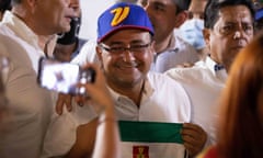 Sergio Garrido celebrates after defeating the former foreign minister Jorge Arreaza in the Barinas governorship election