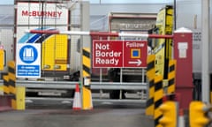 Customs signs directing lorry drivers to the correct lanes for administration checks at Holyhead port in Wales.