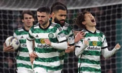 Kyogo Furuhashi (right) celebrates scoring Celtic’s opener against Livingston.