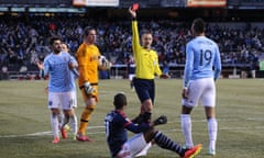 New England’s José Gonçalves is sent off by Mark Geiger for his foul on Khiry Shelton of New York City.