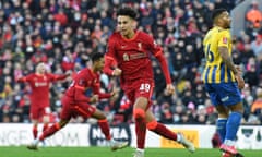 Kaide Gordon celebrates his equalising goal for Liverpool against Shrewsbury in their FA Cup match at Anfield.