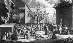 The South Sea Bubble - An Allegory. 18th century engraving by William Hogarth. The devil carves up the figure of Fortune and throws it to the crowd. In the centre of the scene, investors ride the financial merry-go-round. Honesty is strapped to the wheel at the bottom, being tortured by Self-Interest. Bottom right, Trade lies languishing on the ground