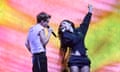 Troye Sivan and Charli xcx on stage at the Wembley arena in London last month