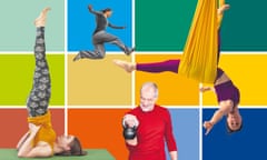 Composite image of women doing yoga, parkour and aerial pilates and a man lifting a weight