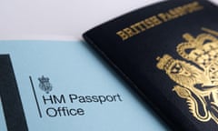 HM Passport Office logo and blurred UK passport in the background