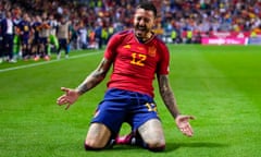 Joselu celebrates after scoring his second goal against Norway.