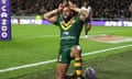 Australia's Josh Addo-Carr reacts after scoring his side's second try of the game during the Rugby League World Cup Round 1 match between the Australian Kangaroos and the Fiji Bati at Headingley Stadium in Leeds, United Kingdom, Saturday, October 15, 2022. (AAP Image/Richard Sellers.) NO ARCHIVING, EDITORIAL USE ONLY