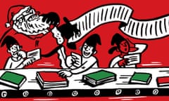 Illustration of Santa and elves sorting books on assembly line