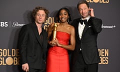 Jeremy Allen White, Ayo Edebiri and Ebon Moss-Bachrach of The Bear at the Golden Globes.