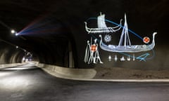 ‘A route into another world’ … Edward Fuglø’s Viking longboat projected on to the wall of the tunnel.