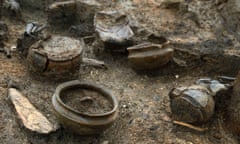 An array of bronze age pots found at the Must Farm quarry excavation site in Cambridgeshire.