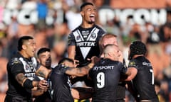 New Zealand celebrate a Griffin Neame try during their emphatic Pacific Cup final win over Australia.