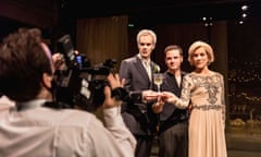 Angus Wright, Andrew Scott and Juliet Stevenson in Robert Icke’s Hamlet.