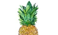 Illustration of a golden pineapple with a green spiky leaves at the top, on a white background