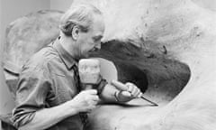 English sculptor Henry Moore (1898 - 1986) at work in a studio, March 1964.