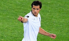 Vitoria de Guimaraes’s João Teixeira celebrates after scoring against Famalicao during the Portuguese First League match in August 2019.