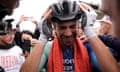 Andrea Vendrame shows his emotion after winning the stage with a punishing 30km solo effort