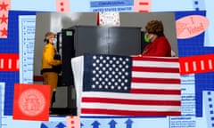 In the foreground is an American flag table cover, beyond which are two Black women standing at separate, facing voting booths, both wearing basks.