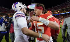 Buffalo Bills quarterback Josh Allen, left, and Kansas City Chiefs quarterback Patrick Mahomes (15) shake hands following an NFL football game Sunday, Dec. 10, 2023, in Kansas City, Mo. The Bills won 20-17 (AP Photo/Ed Zurga)