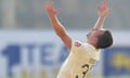 Mark Wood celebrates after getting his first wicket in the England series against Sri Lanka.