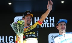 Primoz Roglic celebrates after the Giro dell'Emilia last weekend.