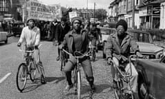 Cyclists lead the Africa Liberation Day rally at Rookery Road in Handsworth in 1977