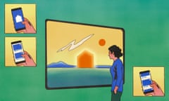 illustration of a person standing in front of an image of a dream home, with smaller images of phone screens overlayed