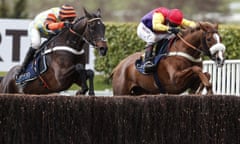 Native River (right) clear the last fence with Might Bite in the Cheltenham Gold Cup.