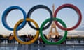 The Olympic rings set up at the Trocadéro plaza, which overlooks the Eiffel Tower in Paris