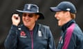 Trevor Bayliss and Eoin Morgan share a joke during the 2019 Cricket World Cup