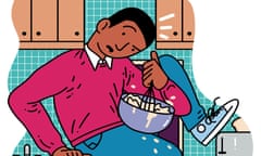 Illustration: A comically oversized Stephen Bush is depicted wrestling with a bowl of zabaglione in his kitchen, one foot on a toaster and one hand on a worksurface to steady himself, while attempting – needlessly – to whisk the ingredients in the bowl with one hand.