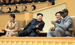 This photo taken on January 08, 2014 and released by North Korea’s official Korean Central News Agency (KCNA) on January 9, 2014 shows North Korean leader Kim Jong-Un (C), his wife Ri Sol-Ju (L) and former US basketball star Dennis Rodman (R) watching a basketball game between former NBA players and North Korean players at Pyongyang Gymnasium in Pyongyang. THIS PICTURE WAS MADE AVAILABLE BY A THIRD PARTY. AFP CAN NOT INDEPENDENTLY VERIFY THE AUTHENTICITY, LOCATION, DATE, AND CONTENT OF THIS IMAGE. THIS PHOTO IS DISTRIBUTED EXACTLY AS RECEIVED BY AFP. AFP PHOTO / KCNA via KNS REPUBLIC OF KOREA OUT RESTRICTED TO EDITORIAL USE - MANDATORY CREDIT “ AFP PHOTO /KCNA/AFP/Getty Images