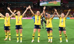 Anna Sandberg, Stina Blackstenius, Fridolina Rolfo, Johanna Kaneryd and Elin Rubensson celebrate with their bronze medals after beating Australia