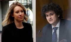 Composite image of former Theranos CEO Elizabeth Holmes, left, arriving for a hearing at a federal court in San Jose, California, U.S., July 17, 2019. Sam Bankman-Fried, founder and chief executive officer of FTX Cryptocurrency Derivatives Exchange, speaks during a Senate Agriculture, Nutrition and Forestry Committee hearing in Washington, D.C., U.S., on Wednesday, Feb. 9, 2022.