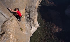 Alex Honnold free soloing El Capitan’s Freerider route in Yosemite National Park.