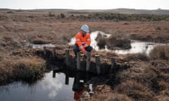 A man in a hardhat sitting by tree stumps damming a body of water.