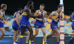 West Coast Eagles players celebrate their second victory in a row