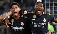 Jude Bellingham celebrates his Real Madrid winner against Celta Vigo with David Alaba