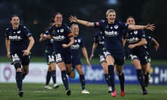 Melbourne Victory celebrate winning the A-League Women's semi final over Melbourne City at Casey Fields.