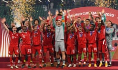 Manuel Neuer leads the Bayern Munich celebrations as he lifts the FIFA Club World Cup Qatar 2020 trophy.