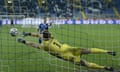 Northern Ireland goalkeeper Bailey Peacock-Farrell stops a shot from Bosnia's Haris Hajradinovic during a penalty shootout at the end of the Euro 2020 playoff semifinals soccer match between Bosnia-Herzegovina and Northern Ireland at the Grbavica stadium, in Sarajevo, Bosnia, Thursday, Oct. 8, 2020. (AP Photo/Kemal Softic)