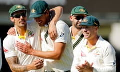 Mitchell Johnson pictured with then-Test teammates Mitchell Starc, Nathan Lyon and David Warner in 2015.